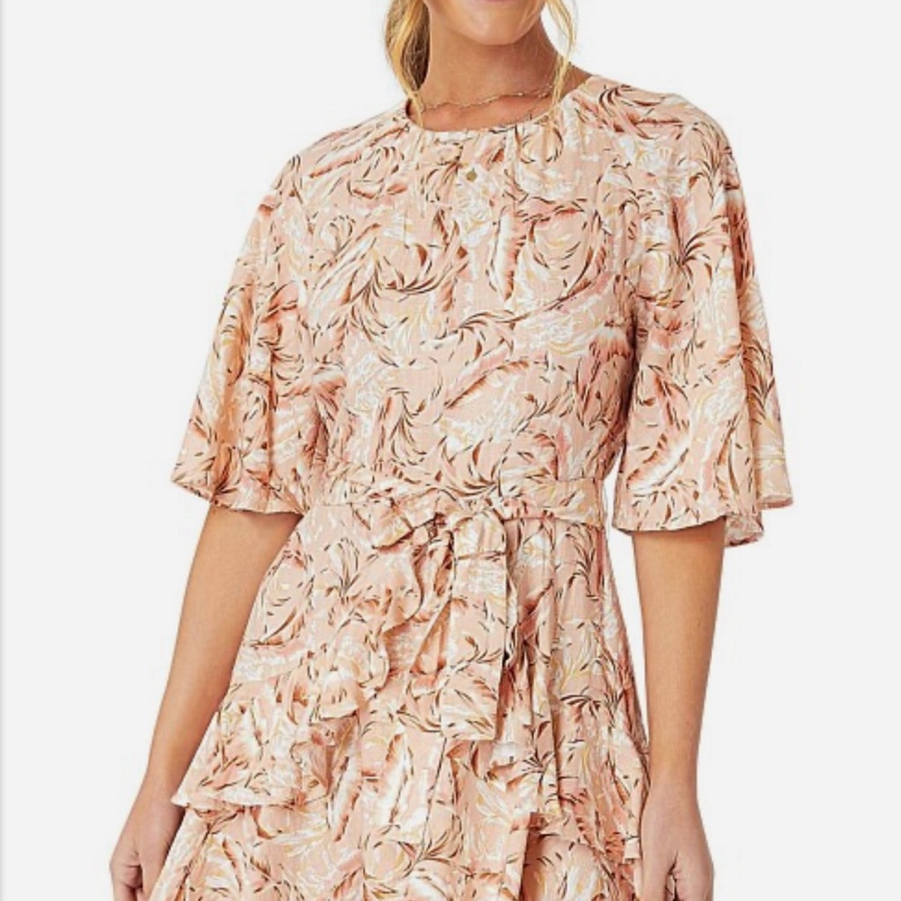 Minkpink Southcoast‎ Palm Midi Dress Size Large Ruffles Pink Floral Boho